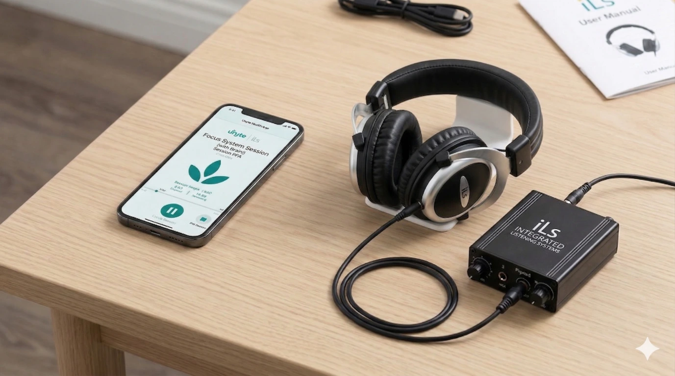 ILS Focus set: smartphone met Unyte-app, versterker en boneconduction-koptelefoon op tafel