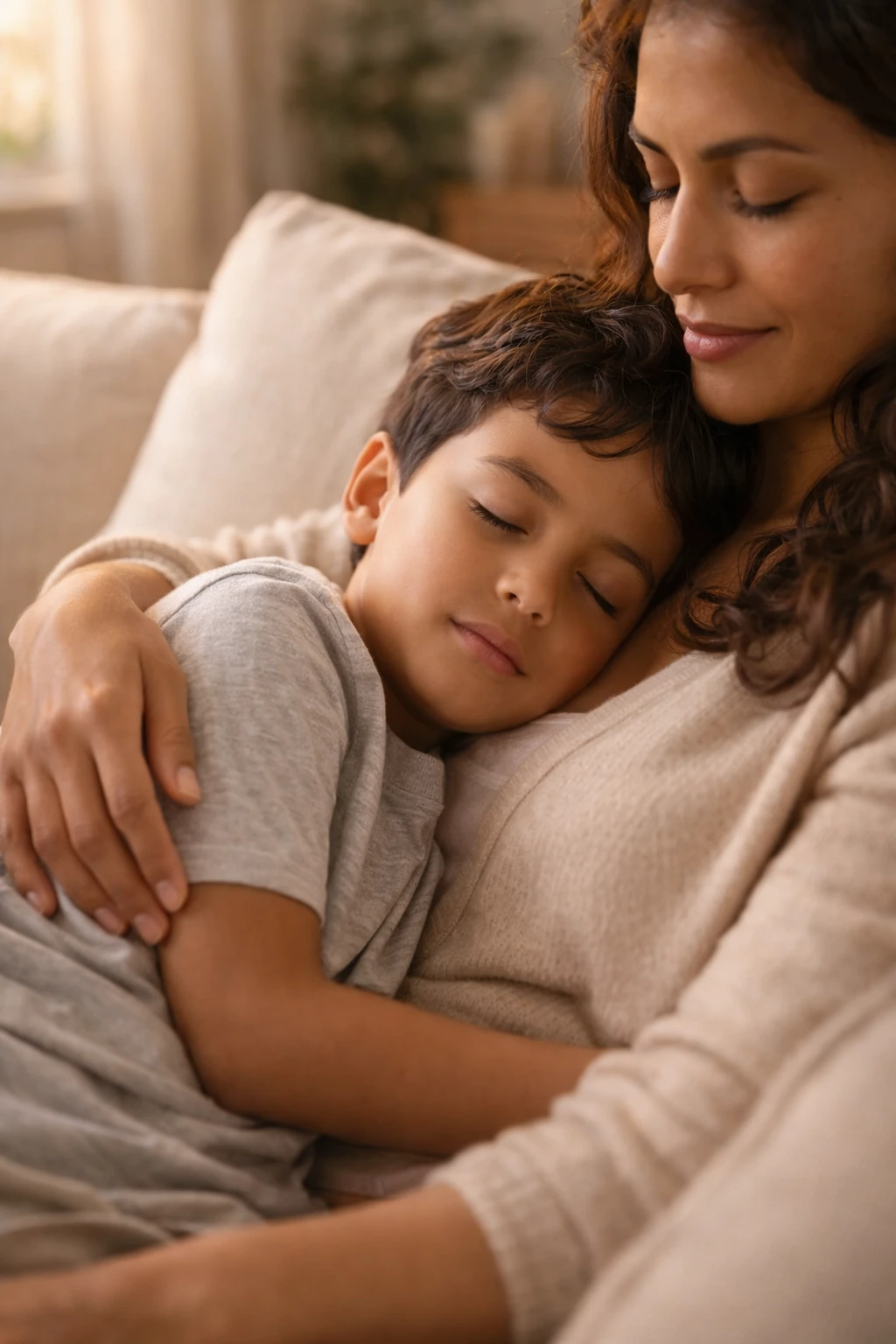 Moeder houdt kind zachtjes vast in rustige thuisomgeving — veiligheid en geborgenheid als fundament voor het zenuwstelsel van kinderen met het RRP