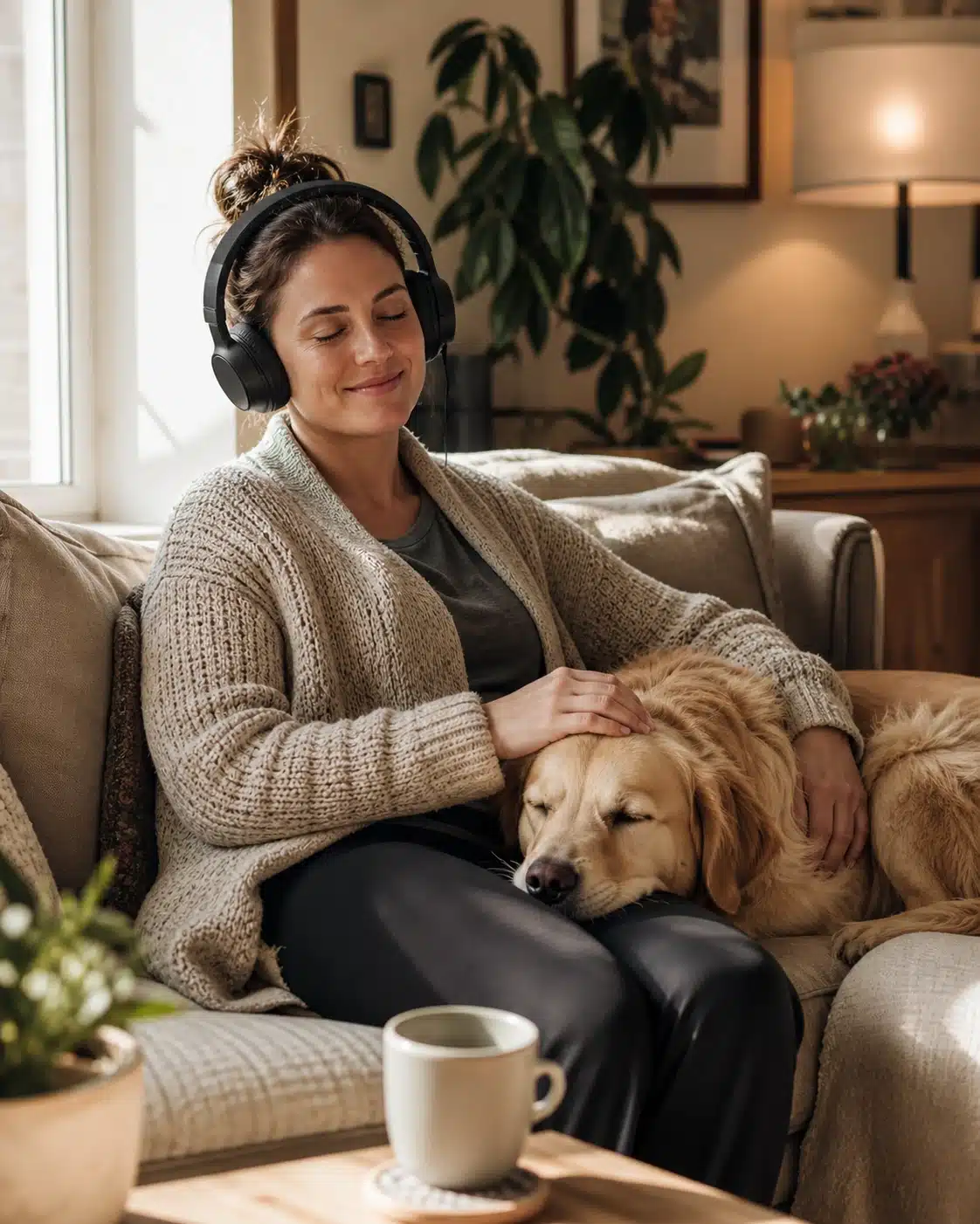 Frau hört das SSP auf dem Sofa, mit ihrem Golden Retriever als beruhigendem Begleiter